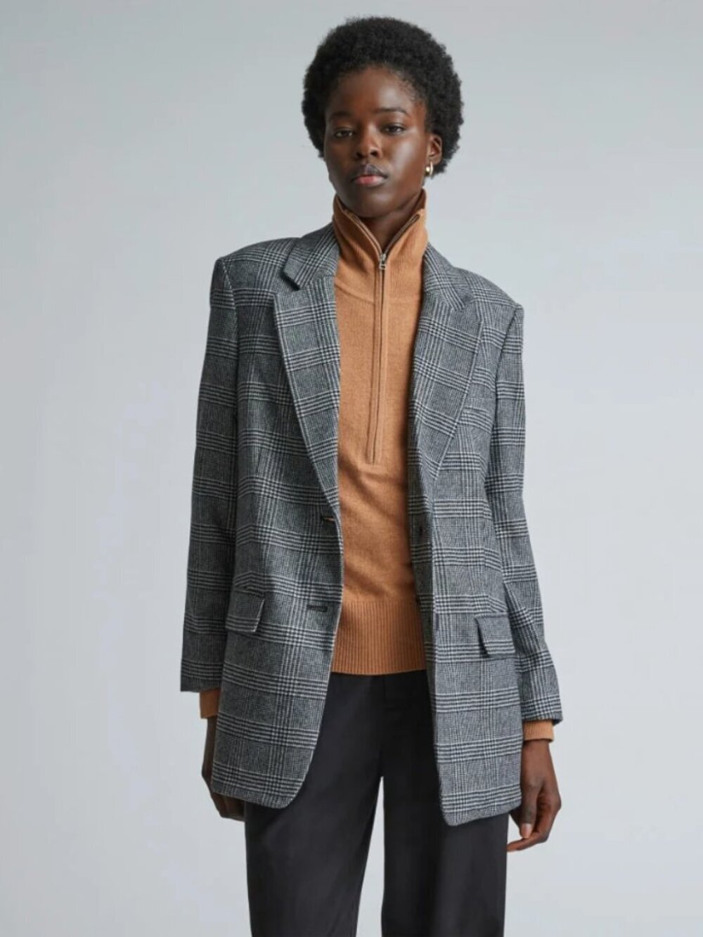 Everlane Oversized Glen Grey Black Plaid Wool Blend Two Button Blazer Jacket, 4